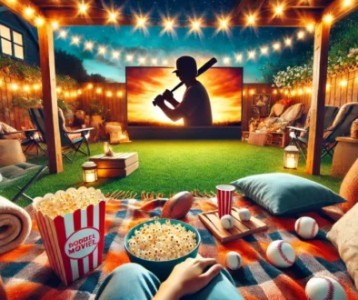DALL·E 2024-07-03 07.45.39 - A vibrant and inviting header image for a blog about the top baseball movies for families to enjoy during summer. The image should feature a cozy outd