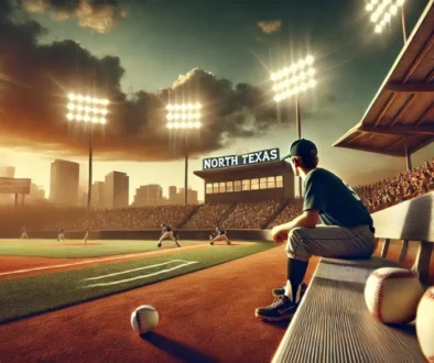 DALL·E 2025-03-09 13.10.29 - A dramatic baseball scene featuring a young player sitting on the bench, looking towards the field where his teammates are playing. The setting is a c