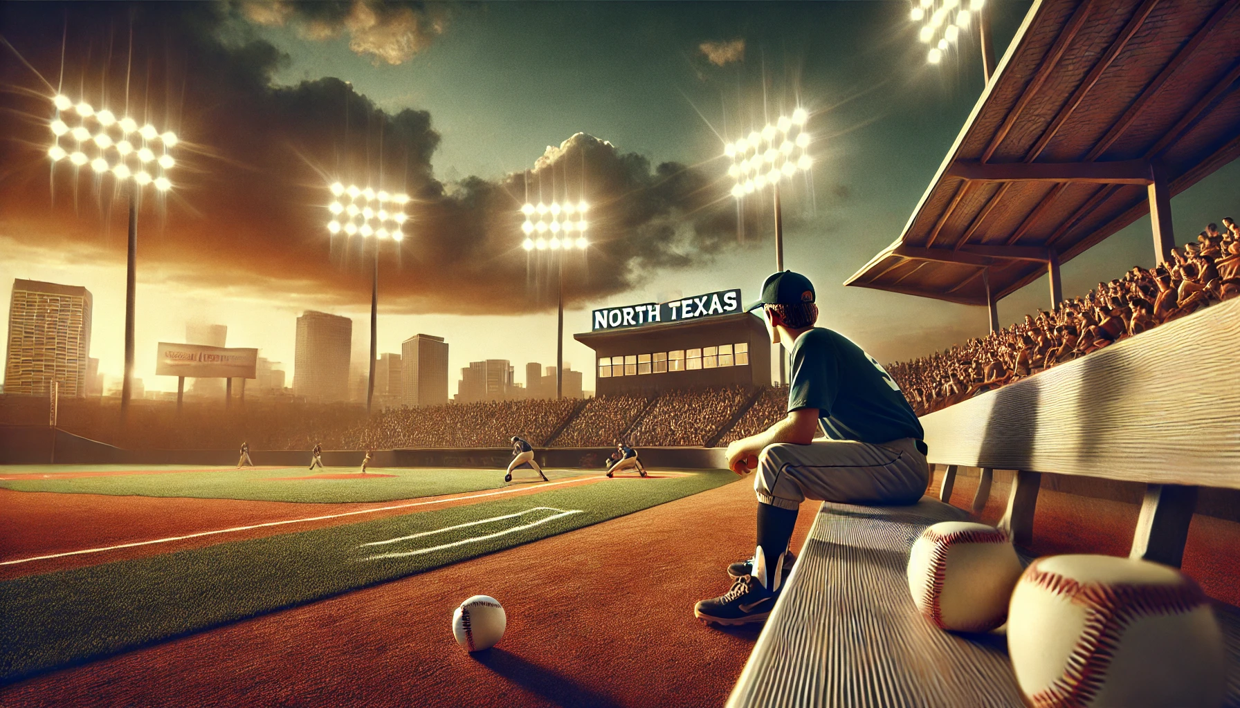 DALL·E 2025-03-09 13.10.29 - A dramatic baseball scene featuring a young player sitting on the bench, looking towards the field where his teammates are playing. The setting is a c