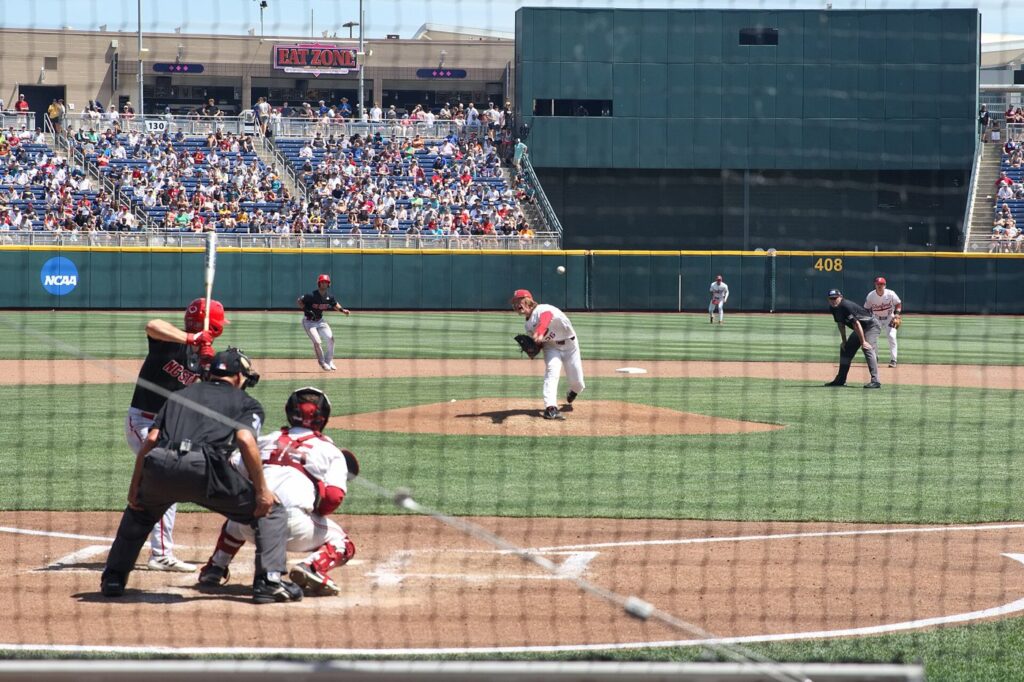 Stanford and NC State players in Game 1 of the 2021 Men's College World Series in Omaha