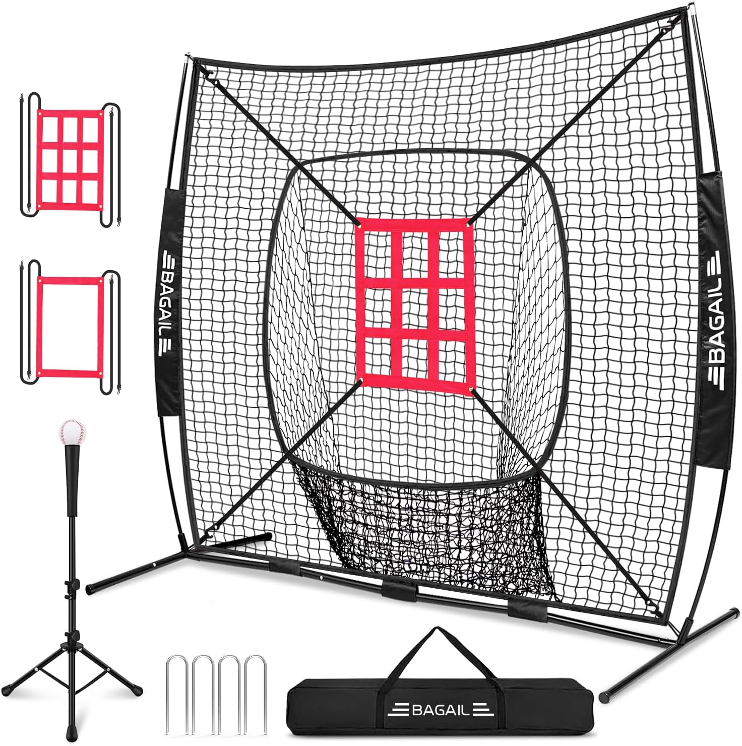 BAGAIL 7x7 portable batting net bundle with tee and strike zones