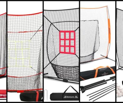 Collage of portable batting nets and backyard training gear for North Texas select baseball