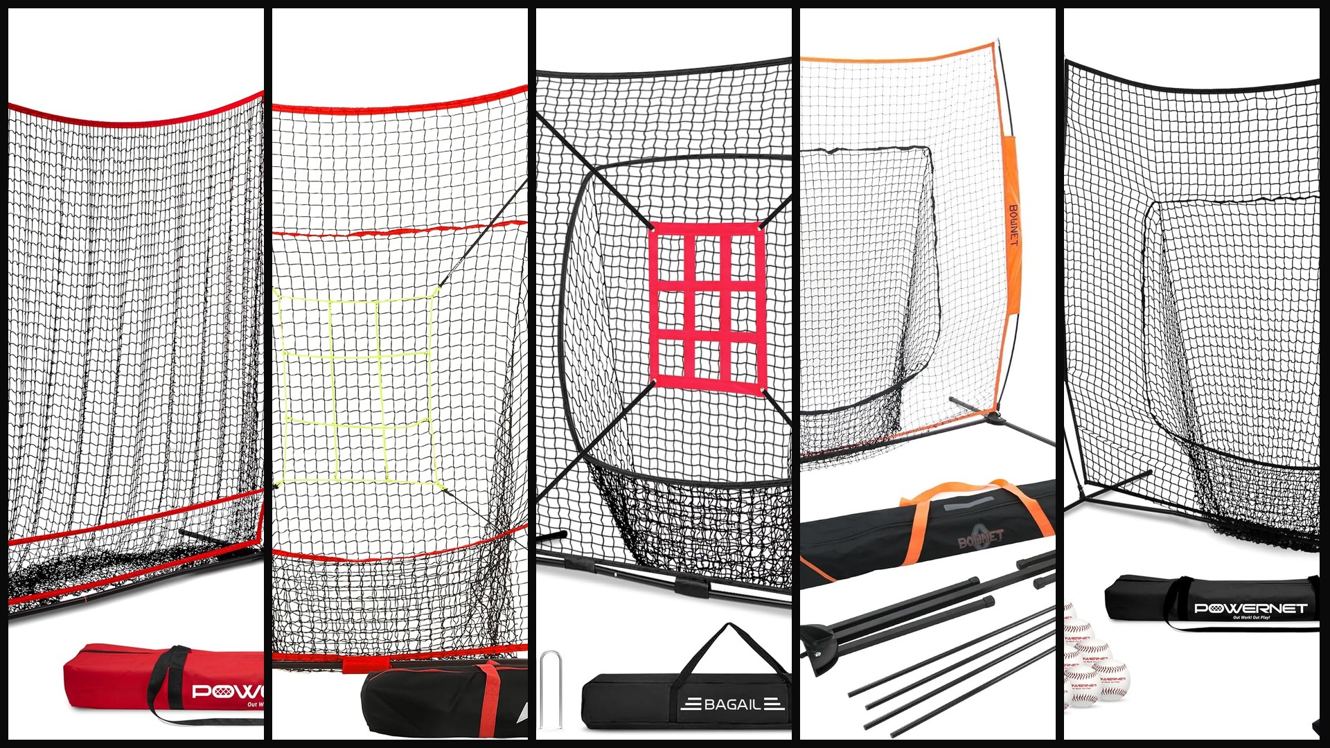 Collage of portable batting nets and backyard training gear for North Texas select baseball