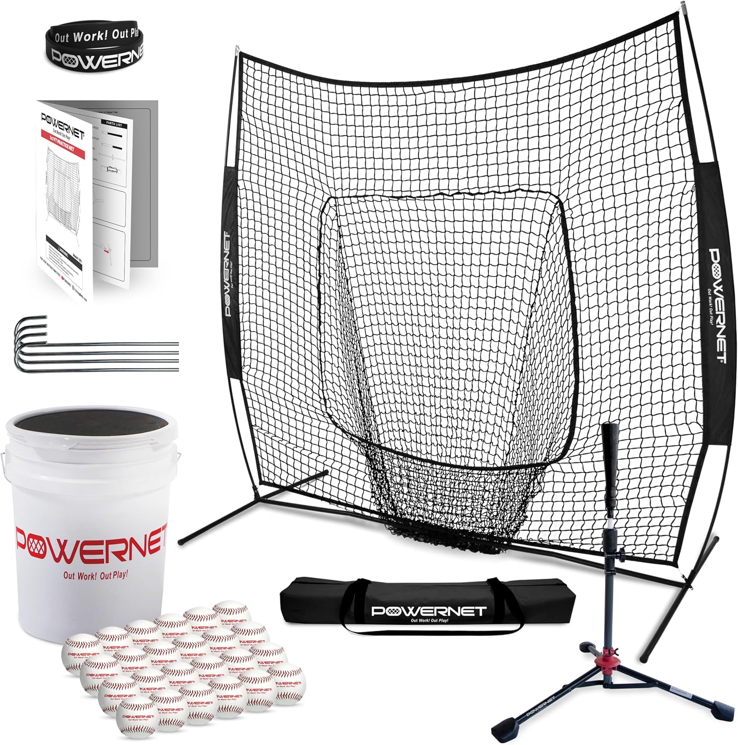 PowerNet 7x7 hitting net with portable tee and practice baseballs