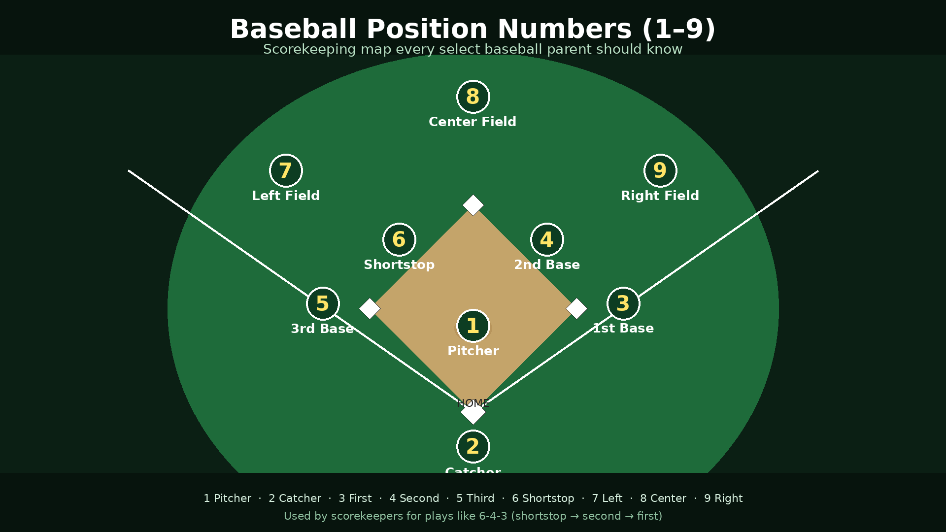 Baseball position numbers 1 through 9 labeled on a diamond field map for parents and scorekeepers