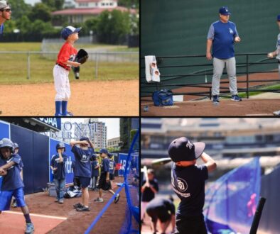 Collage of four real baseball instruction scenes — a coach teaching a young fielder, a pitching coach in the bullpen, a youth hitting clinic and a kid hitting off a tee — for choosing a baseball instructor in North Texas
