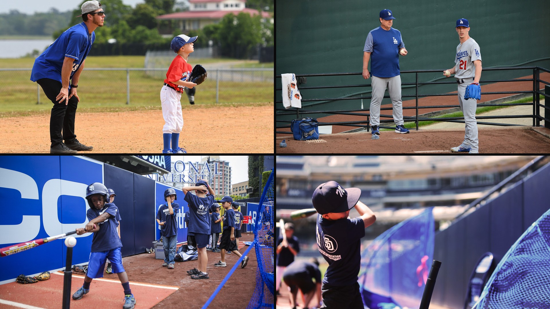 Collage of four real baseball instruction scenes — a coach teaching a young fielder, a pitching coach in the bullpen, a youth hitting clinic and a kid hitting off a tee — for choosing a baseball instructor in North Texas