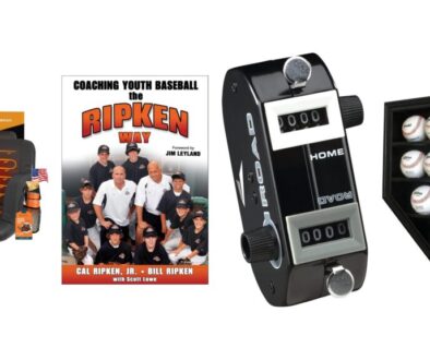 Baseball coach gifts collage: HOPERAN heated stadium seat, Coaching Youth Baseball the Ripken Way book, Easton home and road pitch counter, and DisplayGifts baseball display case