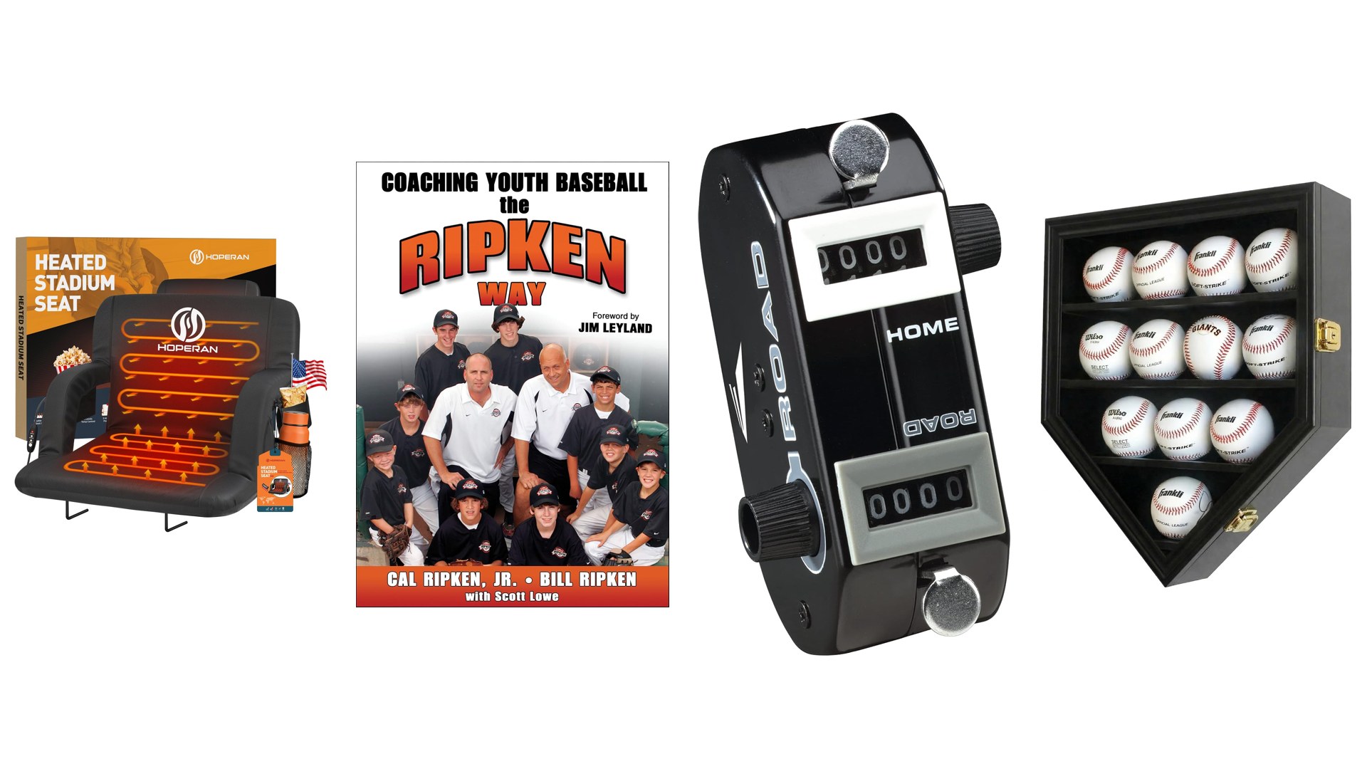 Baseball coach gifts collage: HOPERAN heated stadium seat, Coaching Youth Baseball the Ripken Way book, Easton home and road pitch counter, and DisplayGifts baseball display case