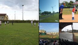 Baseball tryout anxiety collage — players warming up at a tryout-style clinic, a ballpark parking lot, a young fielder in ready position, Dr Pepper Ballpark in Frisco, and empty bleachers