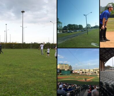 Baseball tryout anxiety collage — players warming up at a tryout-style clinic, a ballpark parking lot, a young fielder in ready position, Dr Pepper Ballpark in Frisco, and empty bleachers
