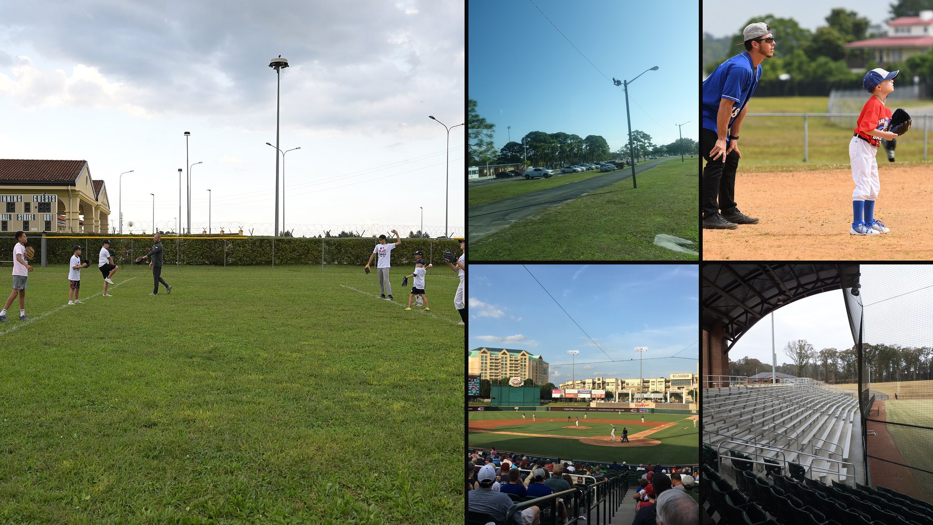 Baseball tryout anxiety collage — players warming up at a tryout-style clinic, a ballpark parking lot, a young fielder in ready position, Dr Pepper Ballpark in Frisco, and empty bleachers
