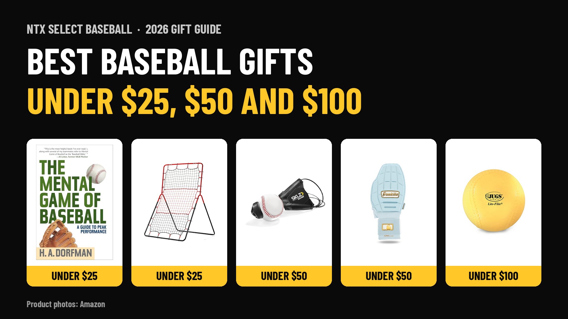 Best baseball gifts under $25, $50 and $100: The Mental Game of Baseball book, Franklin pitch return, SKLZ Hit-A-Way, Franklin CFX PRT sliding mitt and JUGS Lite-Flite ball
