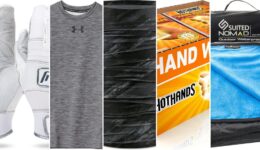 Best cold weather baseball gear collage — Franklin cold-weather batting gloves, Under Armour ColdGear base layer, BUFF neck gaiter, HotHands hand warmers and a stadium blanket