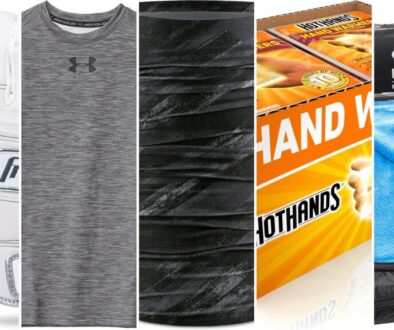 Best cold weather baseball gear collage — Franklin cold-weather batting gloves, Under Armour ColdGear base layer, BUFF neck gaiter, HotHands hand warmers and a stadium blanket
