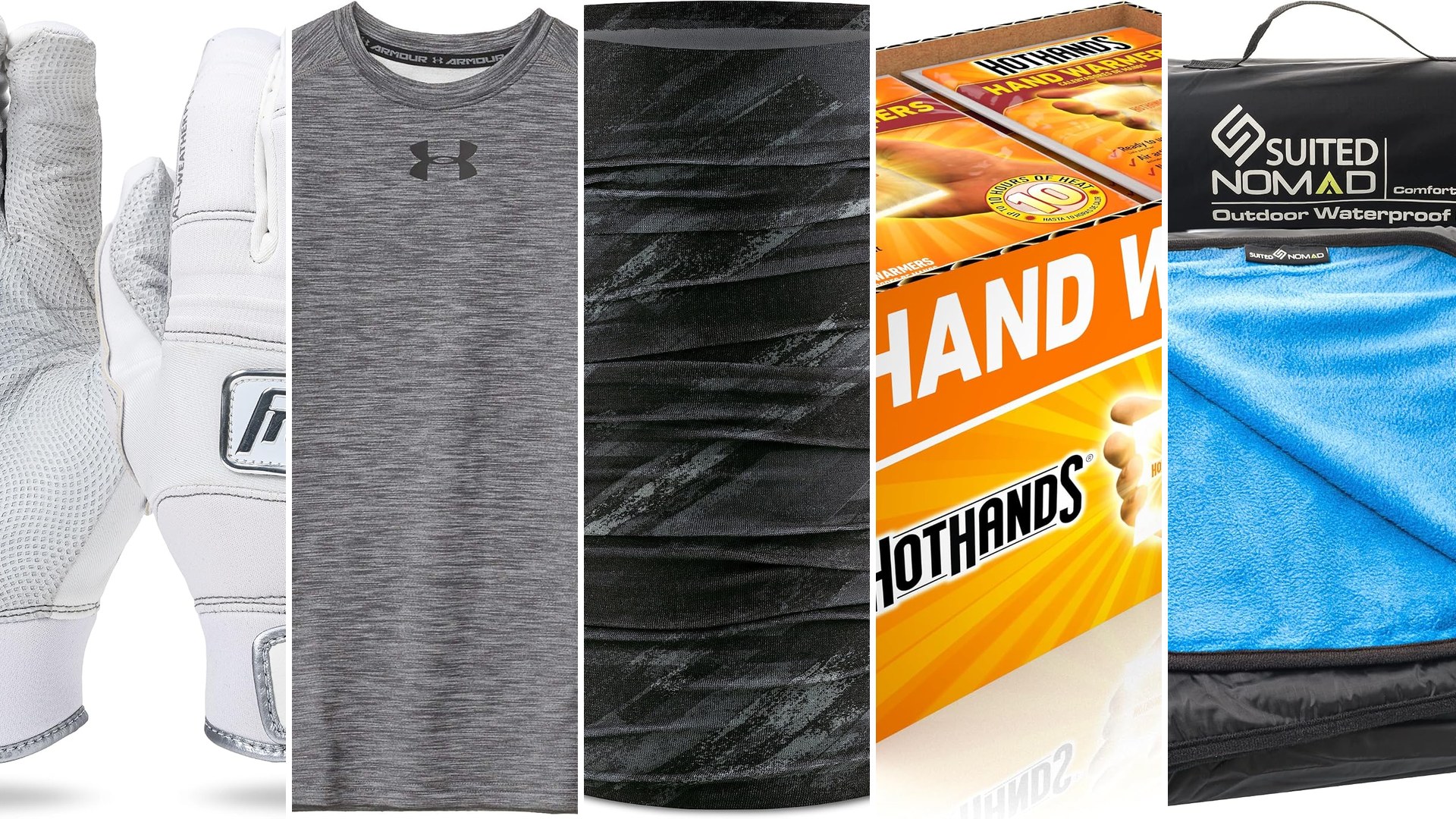 Best cold weather baseball gear collage — Franklin cold-weather batting gloves, Under Armour ColdGear base layer, BUFF neck gaiter, HotHands hand warmers and a stadium blanket