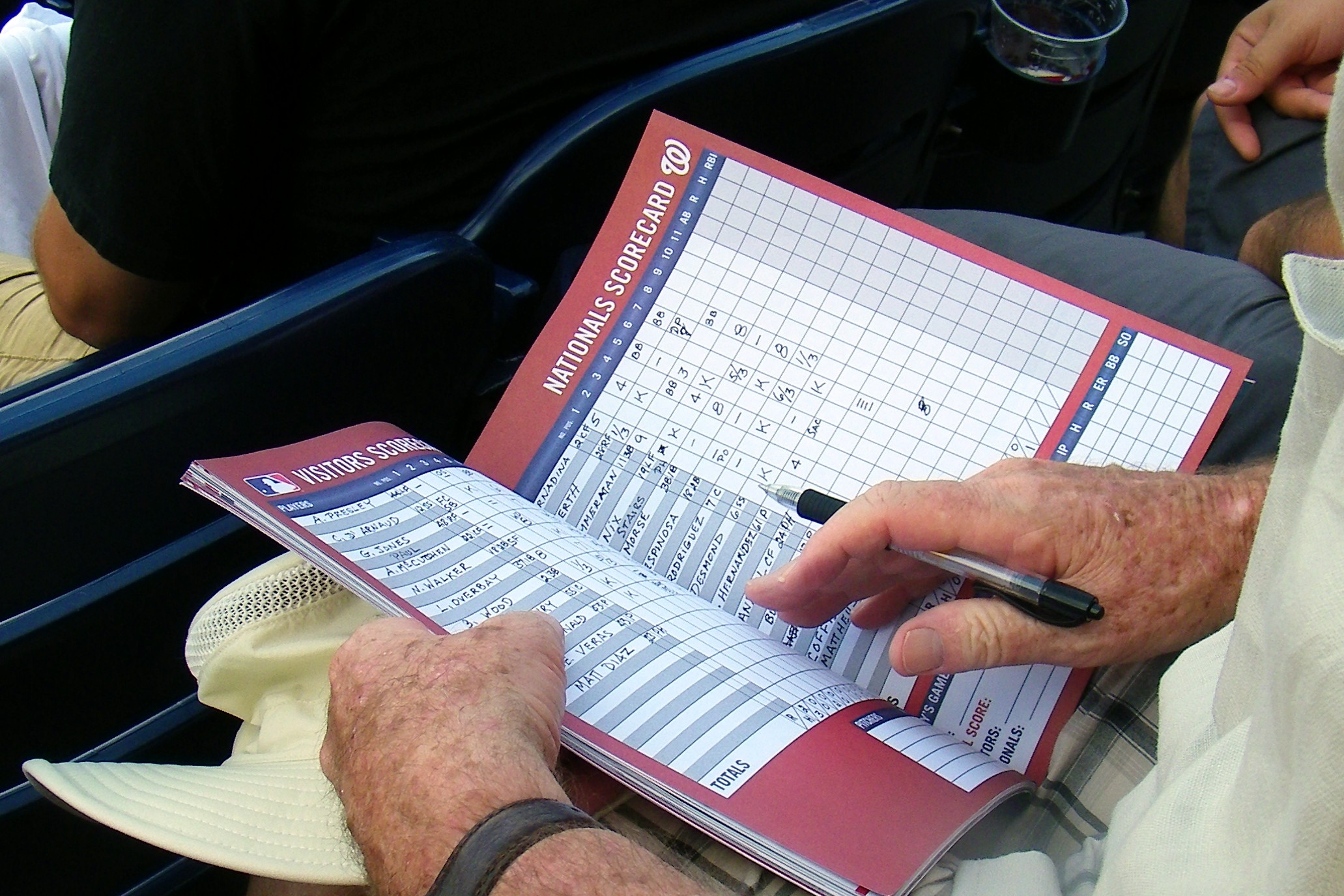 Fan keeping score in a baseball scorecard with a pen during a game