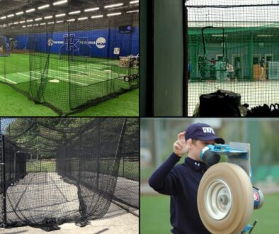 Collage of indoor batting cages, a pitching machine and netted batting tunnels for a guide to indoor baseball training facilities in North Texas