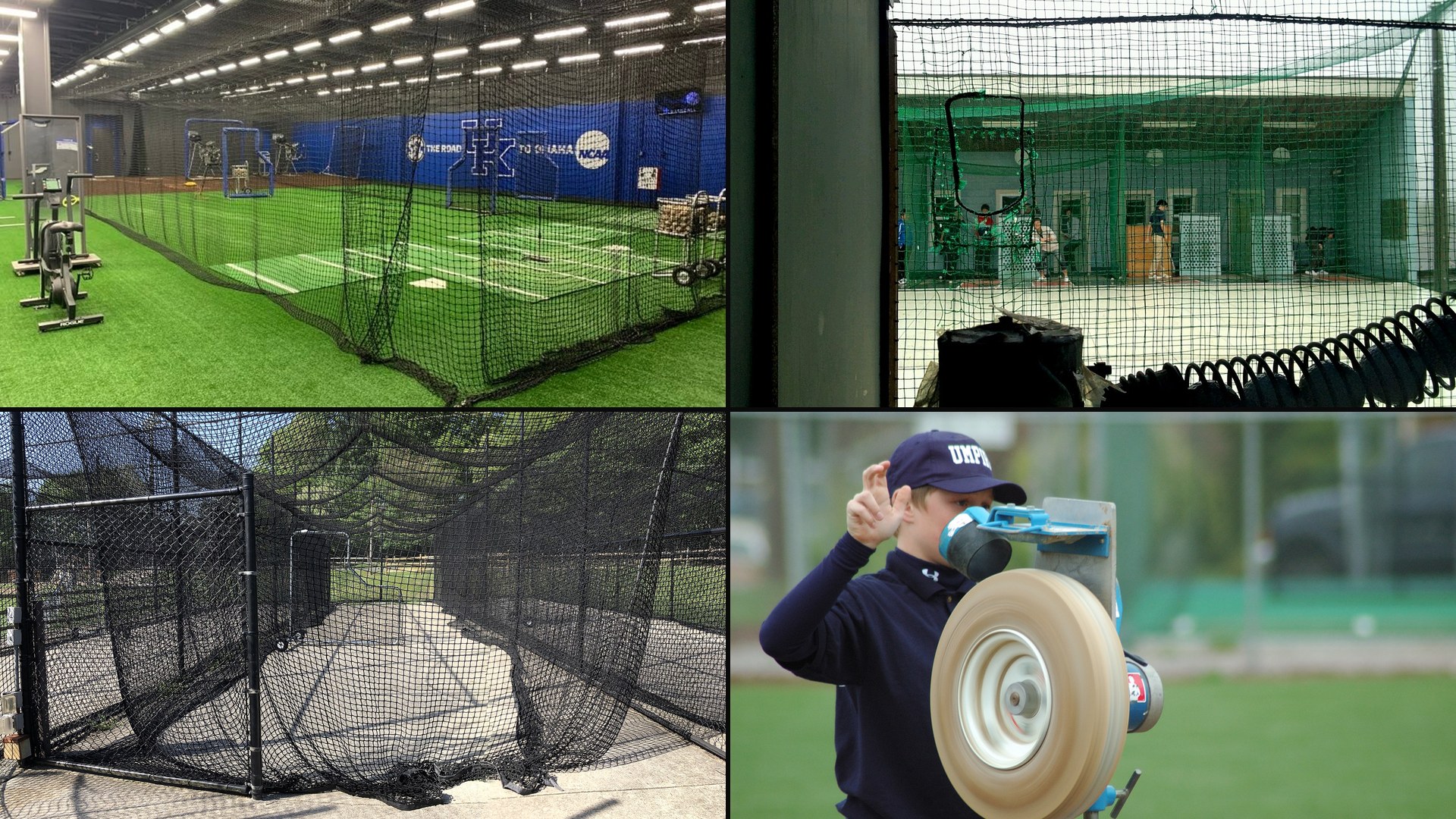 Collage of indoor batting cages, a pitching machine and netted batting tunnels for a guide to indoor baseball training facilities in North Texas