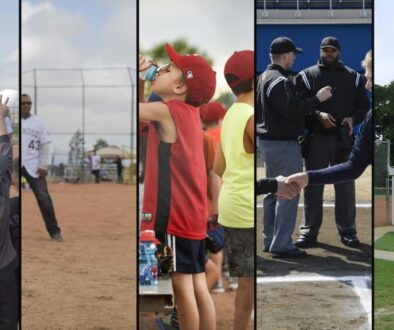 North Texas select baseball tryouts 2027 collage — coaches sorting players into groups, clinic coaching, dugout break, handshake, and a youth baseball complex