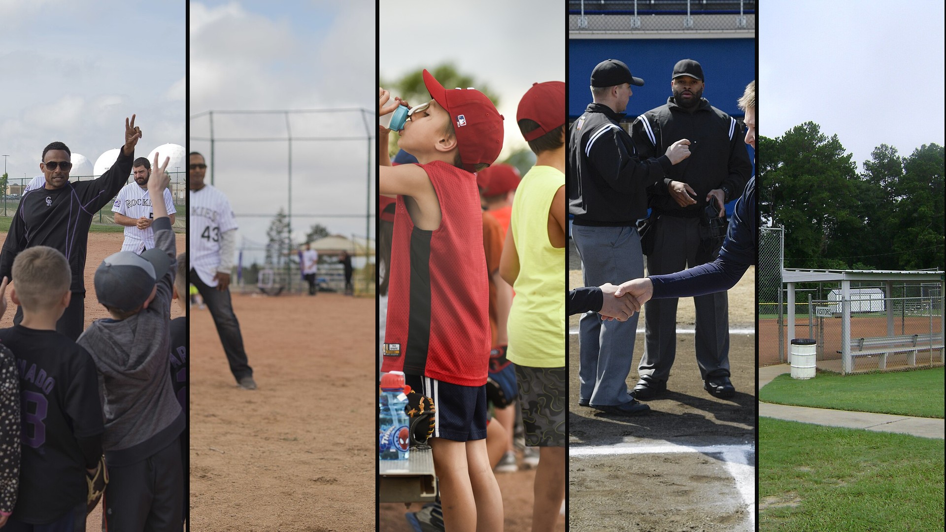 North Texas select baseball tryouts 2027 collage — coaches sorting players into groups, clinic coaching, dugout break, handshake, and a youth baseball complex
