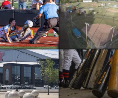 Collage for North Texas youth baseball tournaments: a play at the plate on a turf field, an aerial view of a multi-field youth complex, Globe Life Field in Arlington, and bats in a dugout