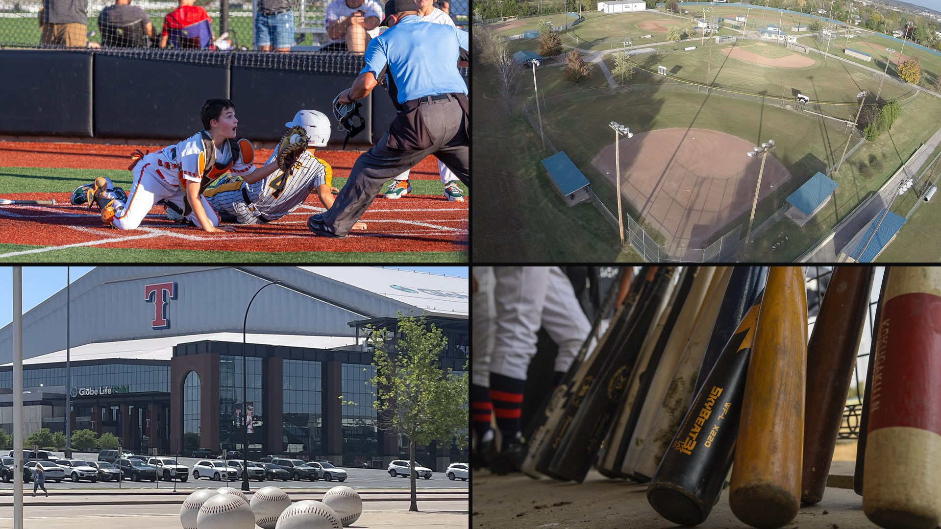 Collage for North Texas youth baseball tournaments: a play at the plate on a turf field, an aerial view of a multi-field youth complex, Globe Life Field in Arlington, and bats in a dugout