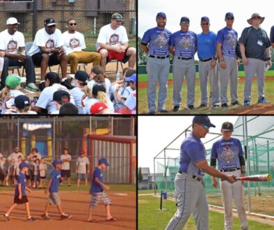 Questions to ask a baseball coach collage: pro players taking youth questions at a clinic, a camp coaching staff, 8U players at a Texas tournament, and a coach teaching grip at the tee
