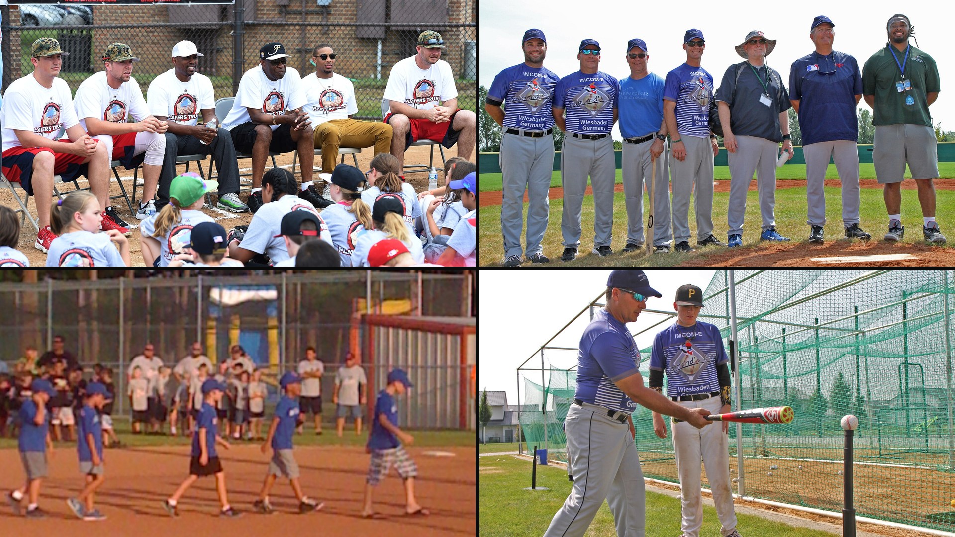 Questions to ask a baseball coach collage: pro players taking youth questions at a clinic, a camp coaching staff, 8U players at a Texas tournament, and a coach teaching grip at the tee