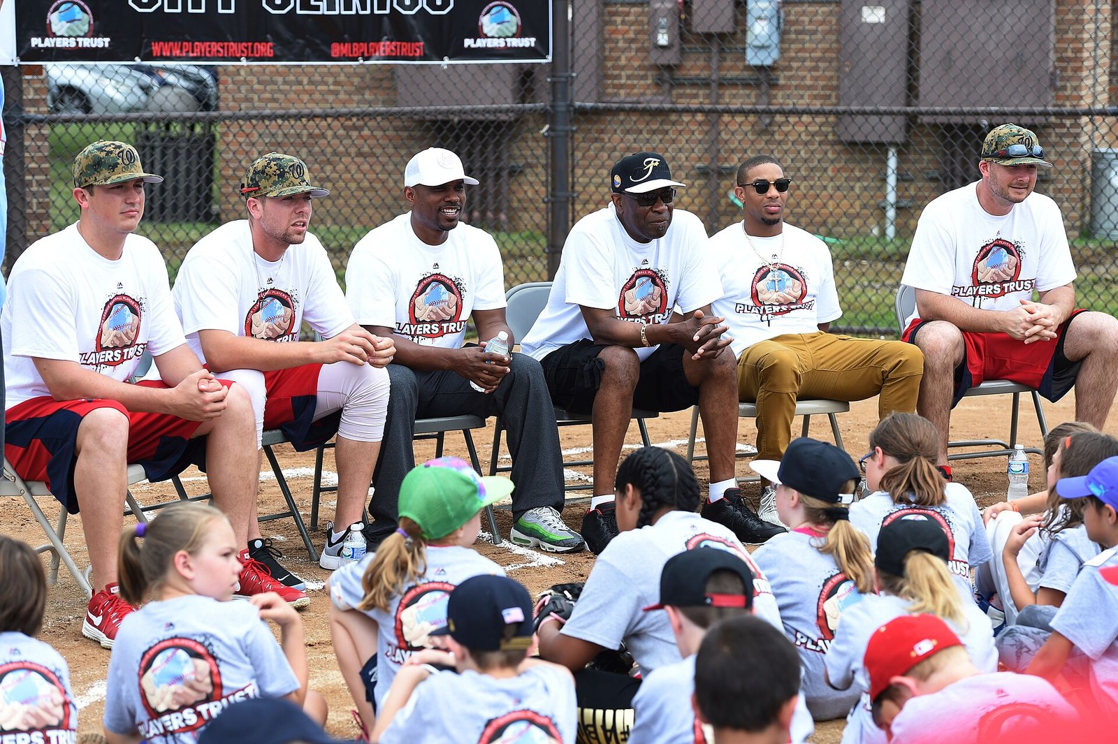 Washington Nationals players and coaches answer questions from young players at a youth baseball clinic on Joint Base Andrews, Maryland
