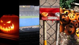 Scariest things in youth baseball collage — glowing jack-o'-lantern, rain-delay tarp, bats on a dugout fence and a pile of carved pumpkins