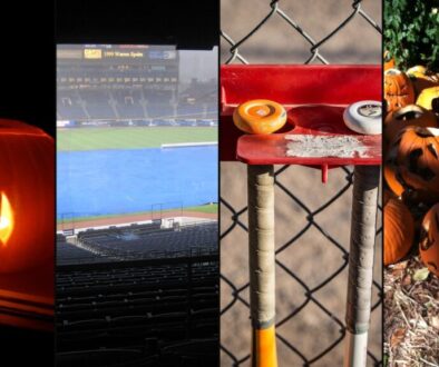 Scariest things in youth baseball collage — glowing jack-o'-lantern, rain-delay tarp, bats on a dugout fence and a pile of carved pumpkins