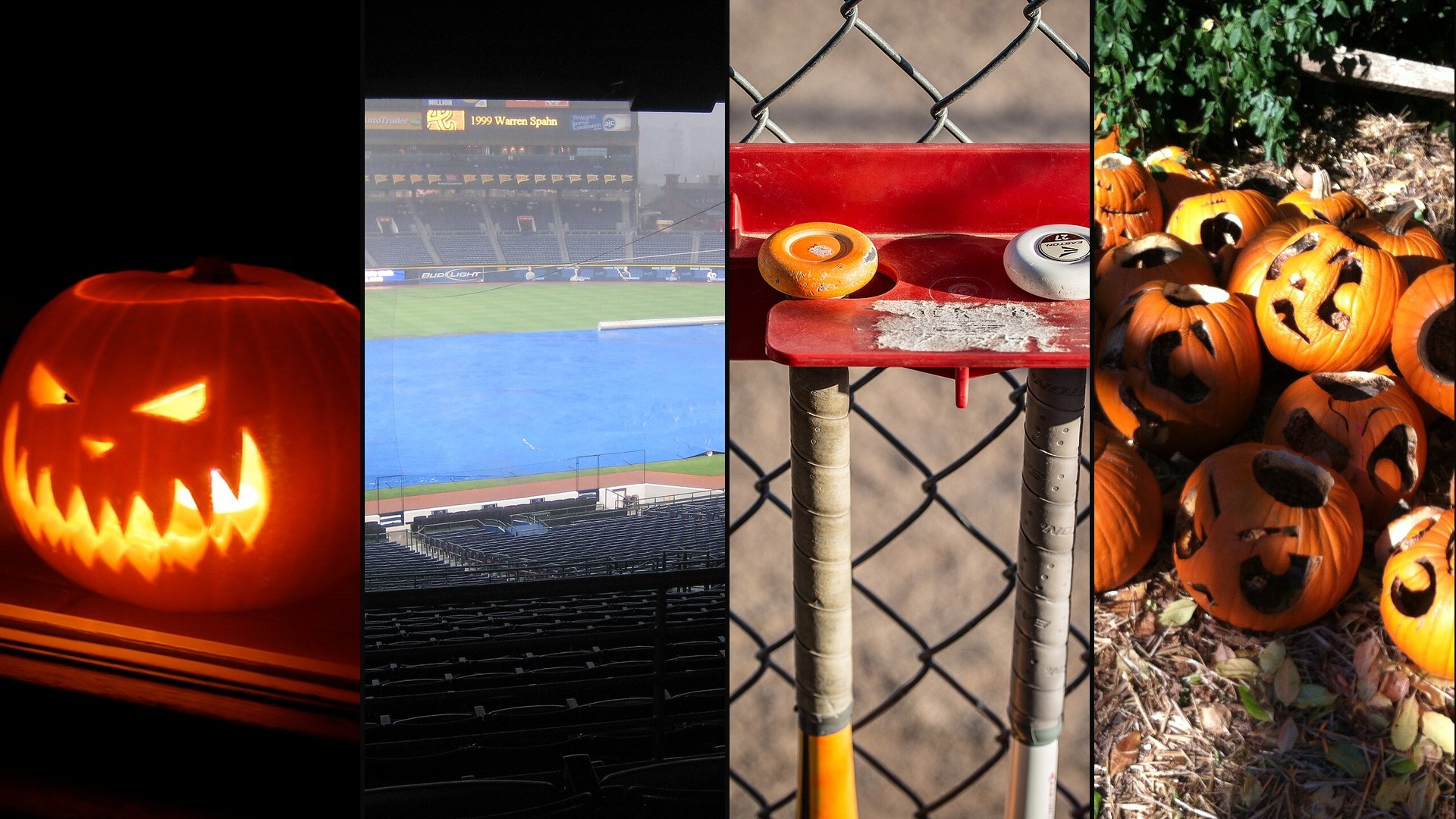 Scariest things in youth baseball collage — glowing jack-o'-lantern, rain-delay tarp, bats on a dugout fence and a pile of carved pumpkins