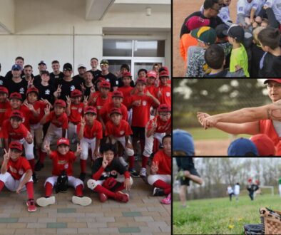Select baseball team fees and contract collage: a youth team in matching uniforms, players and coaches in a huddle, a coach teaching young players, and a glove at practice