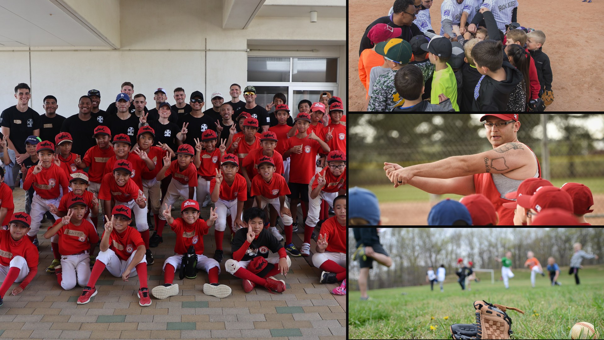 Select baseball team fees and contract collage: a youth team in matching uniforms, players and coaches in a huddle, a coach teaching young players, and a glove at practice