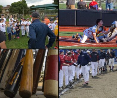 Switch select baseball teams collage: coaches talking to a group of youth players, a close play at the plate, bats in a dugout, and two teams shaking hands
