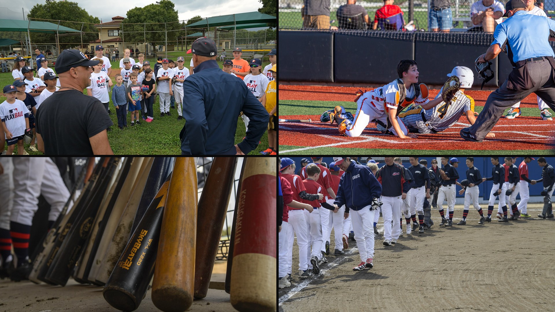 Switch select baseball teams collage: coaches talking to a group of youth players, a close play at the plate, bats in a dugout, and two teams shaking hands