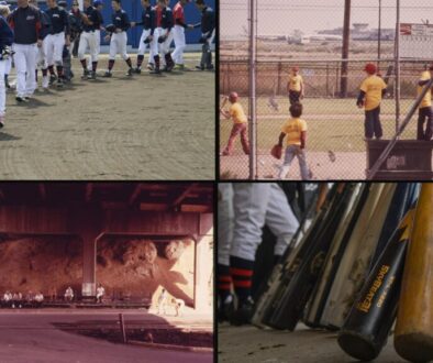 What to say after a baseball game: collage of youth teams shaking hands, a 1973 Little League game, players on a bench under an overpass, and bats in a dugout