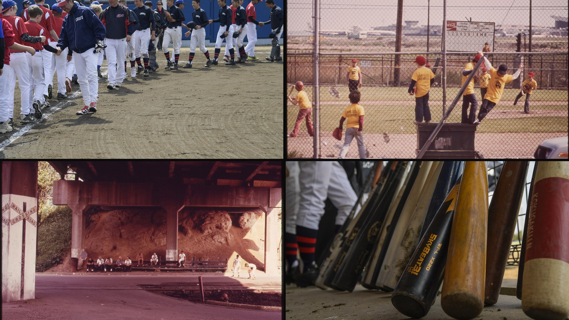 What to say after a baseball game: collage of youth teams shaking hands, a 1973 Little League game, players on a bench under an overpass, and bats in a dugout