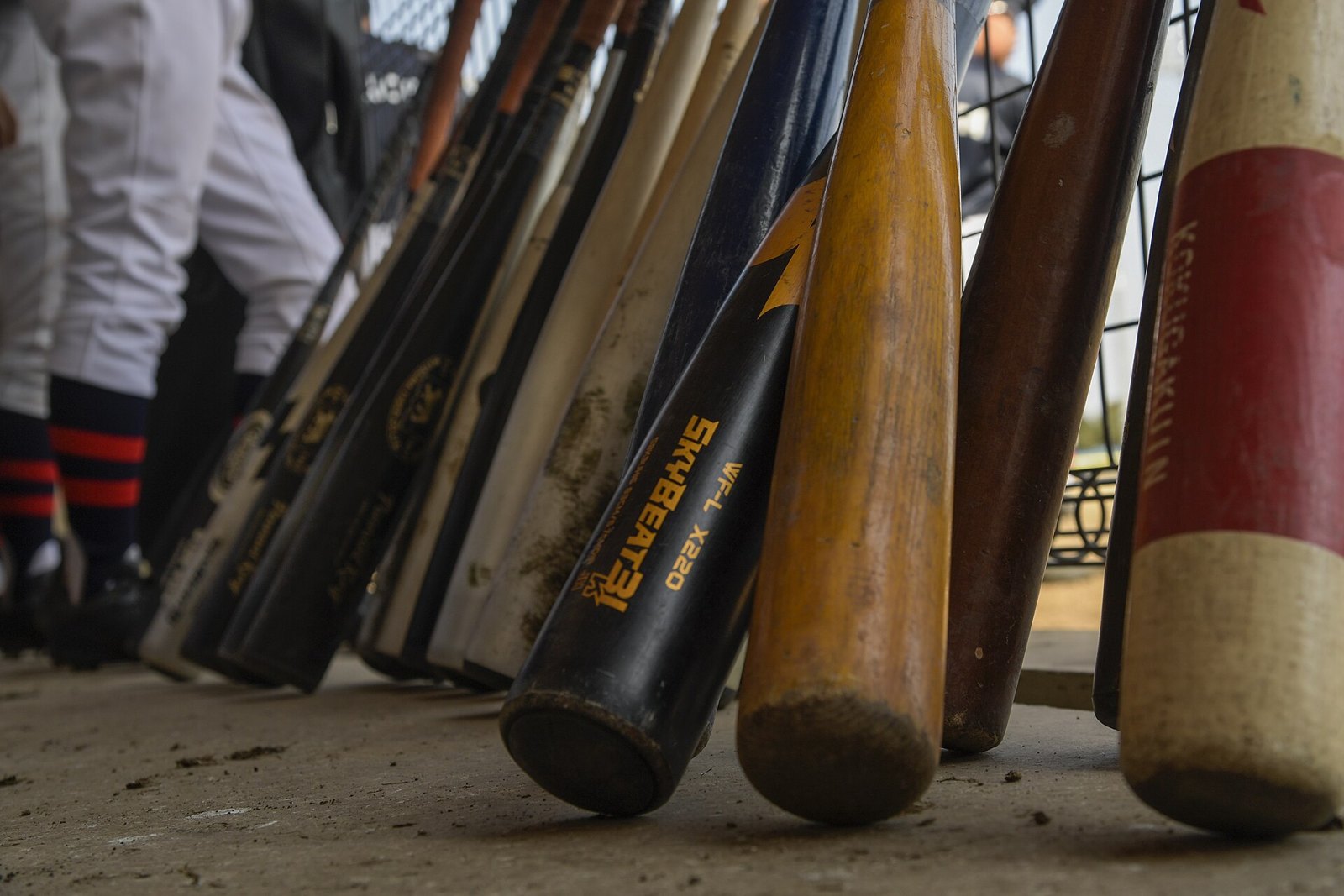 Row of youth baseball bats leaning against the dugout fence while players stand behind them