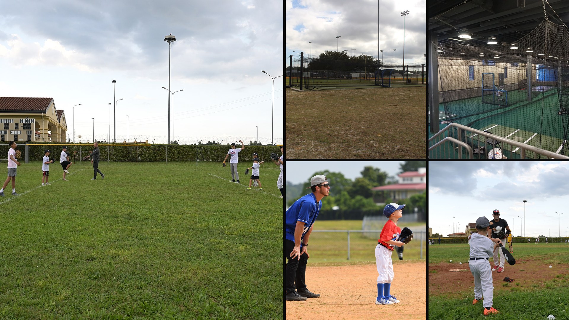 Youth baseball offseason training collage — throwing drills, outdoor batting cages, indoor cages in Frisco, and a fielding clinic