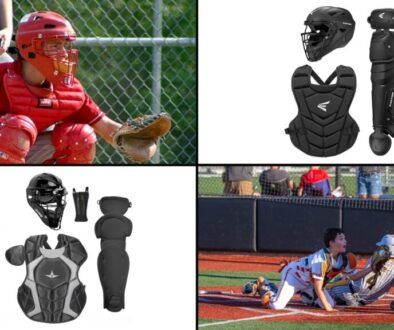 Youth catcher's gear collage: a young catcher in full gear, the Easton Black Magic 3.0 youth set, the All-Star Player's Series youth kit, and a youth catcher making a tag at the plate