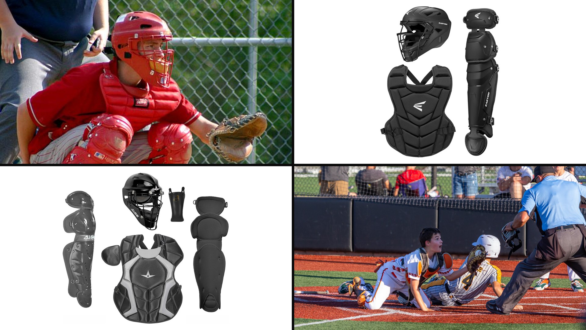 Youth catcher's gear collage: a young catcher in full gear, the Easton Black Magic 3.0 youth set, the All-Star Player's Series youth kit, and a youth catcher making a tag at the plate